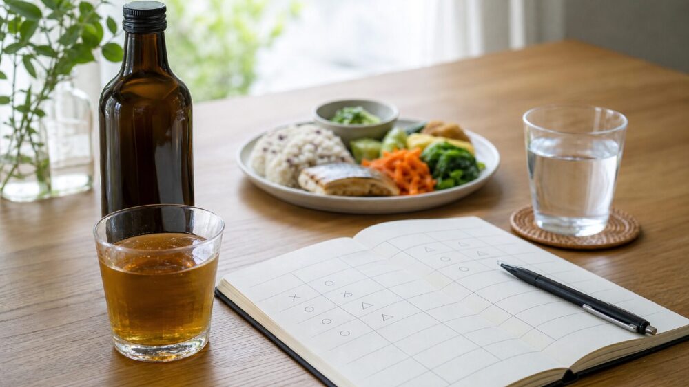 コスミックエンザイムの体験記録をイメージした飲み物と記録帳
