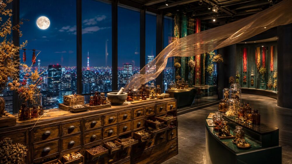 薬屋のひとりごと展2026をイメージした夜景の展望ギャラリーと薬草展示