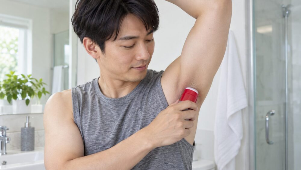 オールドスパイスのような赤いスティックを乾いたワキに塗る男性