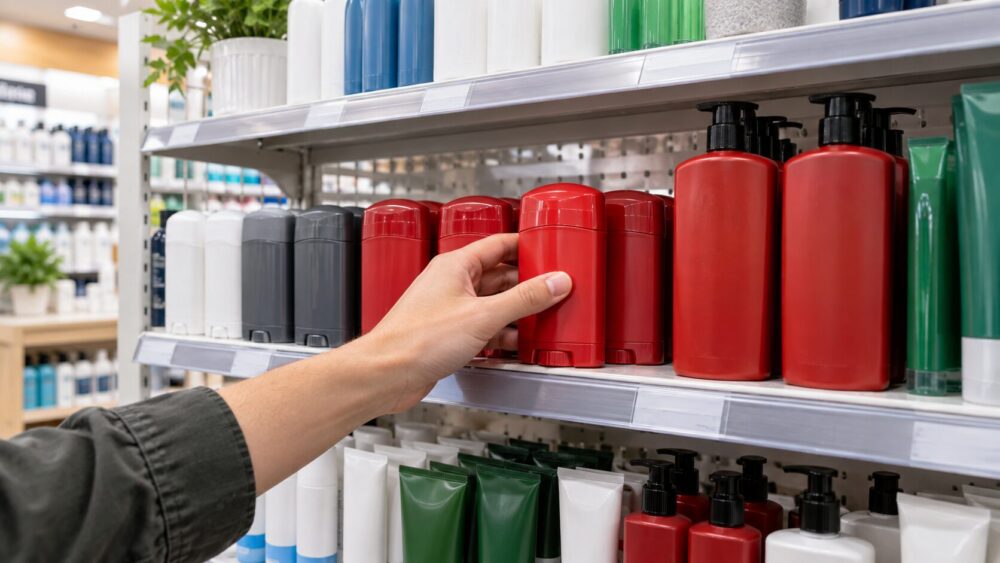 ドラッグストアの売り場でオールドスパイスをイメージした赤いスティックを探す様子