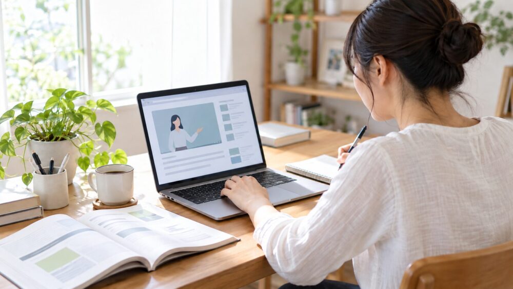 ユーキャンWEBライター講座を検討する人が自宅で動画と教材を使って学習するイメージ